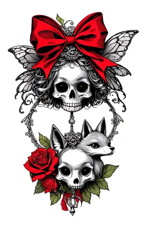 Garter tattoo with red bow, a girly skull, fairy little prince with the fox and his rose under a bell tattoo design idea