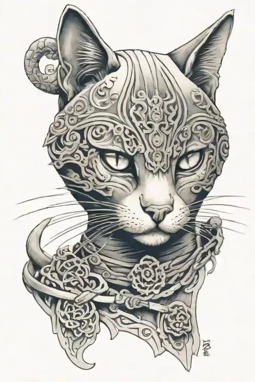 cat wearing samourai cover with japanese tattoo design idea