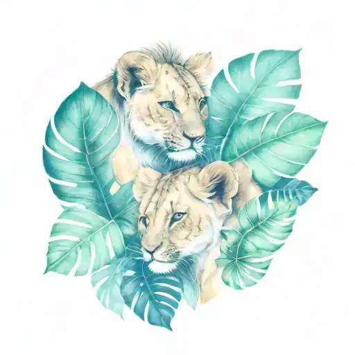 lion cubs profile monstera leaves tattoo design idea