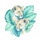 lion cubs profile monstera leaves tattoo design idea