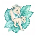 lion cubs profile monstera leaves tattoo design idea