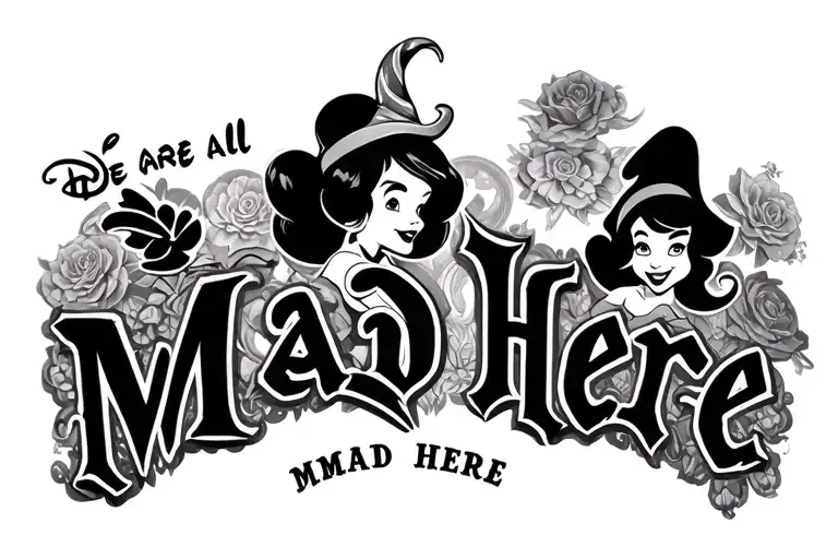 "We are all mad here" Gothic Disney characters tattoo design idea