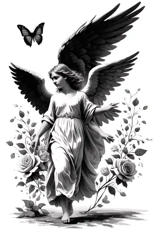 An angel walking with large wings as the centre robin in flight, butterfly with fingerprints roses poem tattoo design idea