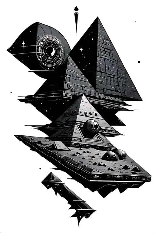 pyramids of giza, alien spaceships, golden ratio symbol morphing tattoo design idea