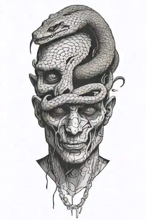 a man tied to three rocks, a venomous snake dripping poison on his face, a women catching the poison in a bowl above him tattoo design idea