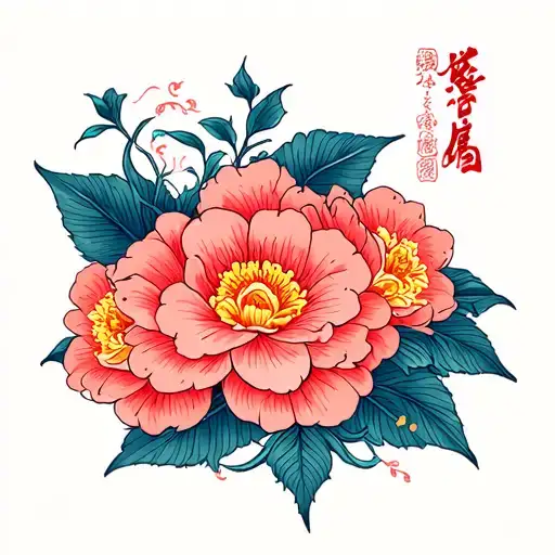 traditional asian theme with flowers and laos writing  tattoo design idea