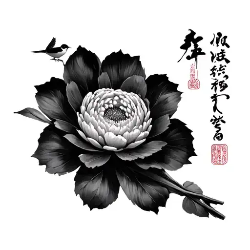 Japanese characters for oubaitori, with delicate flower to match each character, one small bird perched on first charact tattoo design idea