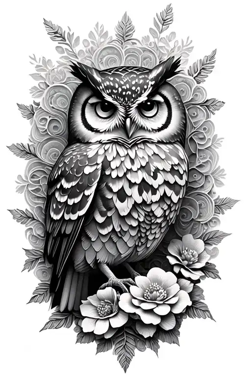floral lace with perched owl In forest scene  tattoo design idea