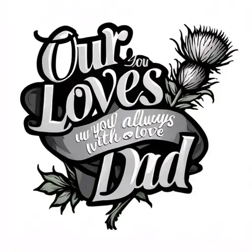 small Scottish thistle wrapping around the words Our Loves with you always love dad tattoo design idea