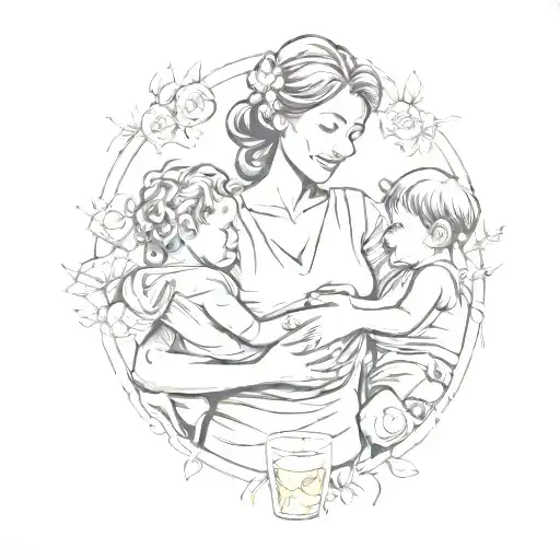 A sketch style tattoo of a mother holding hands with her two kids, with a background of food and drinks to represent your favorite things tattoo design idea