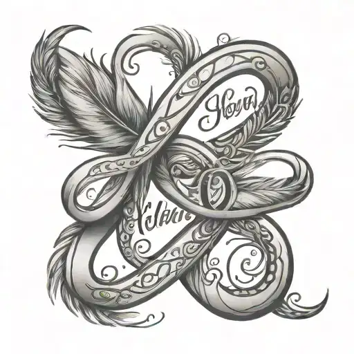 closed infinity symbol with name Helen and 1010 and feather tattoo design idea