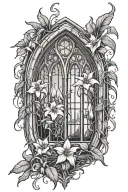 a gothic cathedral window with vines growing from it and spider lillies blooming at the bottom.  tattoo design idea