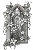 a gothic cathedral window with vines growing from it and spider lillies blooming at the bottom.  tattoo design idea