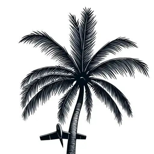 fine line palm tree airplane tattoo design idea