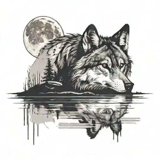 A serene lake reflecting a full moon, with a silhouette of a wolf holding a paint palette tattoo design idea