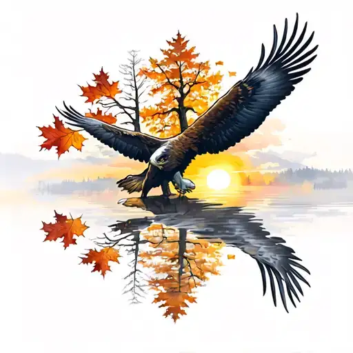 army Eagle fall oak tree colored leaves sunset over lake in distance tattoo design idea