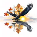 army Eagle fall oak tree colored leaves sunset over lake in distance tattoo design idea