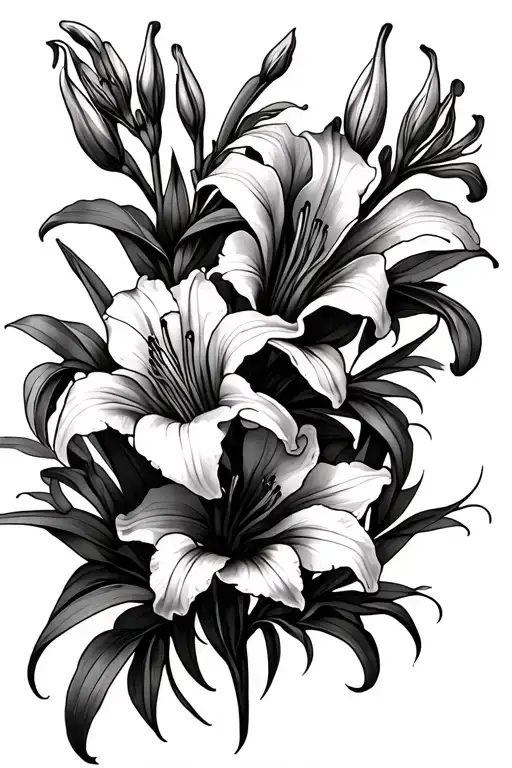 gladiolus, stargazer lily, and iris flowers intertwined tattoo design idea