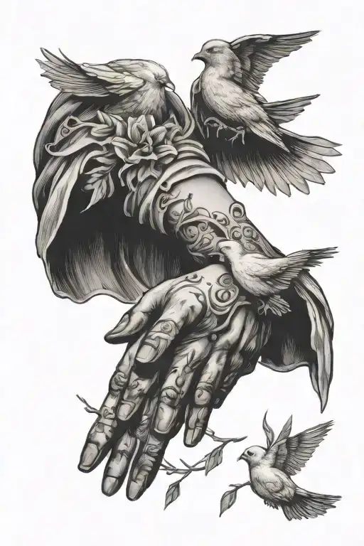 two hands grabbing a thorn crone with doves  tattoo design idea
