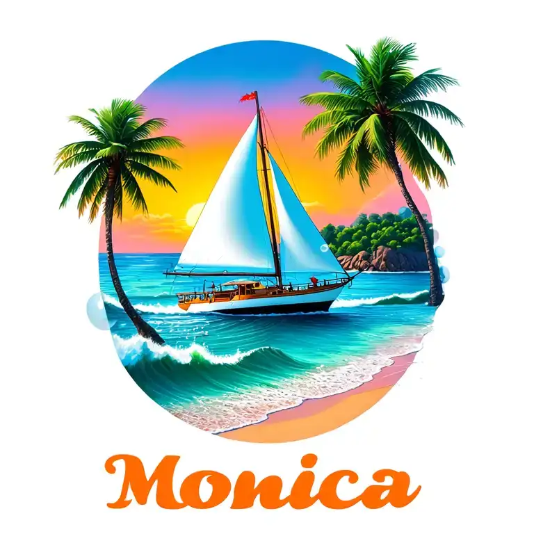 "Monica" "Monica" "Monica" white sailboat, sunset sky, distant island with palms, ocean waves, beach, bubble letters at bottom tattoo design idea