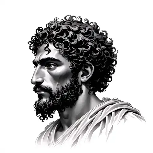 Hyper-detailed tattoo design, vertical portrait of a 1st-century Judean man with olive-brown skin, short curly dark brow tattoo design idea