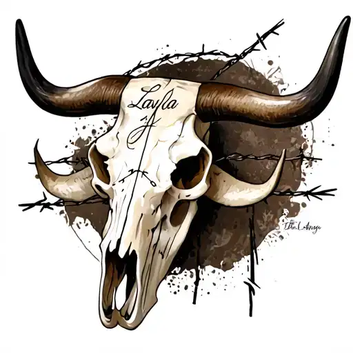 longhorn bull skull with barbed wire incorporating the name Layla  tattoo design idea