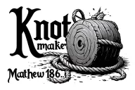 the word "Knotmaker", a weathered millstone with an untied rope through it, and Matthew 18:6 tattoo design idea