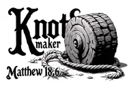 the word "Knotmaker", a weathered millstone with an untied rope through it, and Matthew 18:6 tattoo design idea