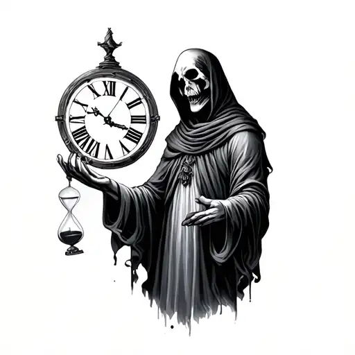the grim reaper holding an hourglass in one hand, with a roman numeral clock in the background tattoo design idea