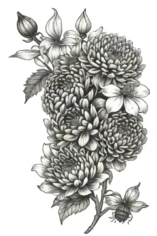 chrysanthemum, marigolds and snowdrops black tattoo design idea