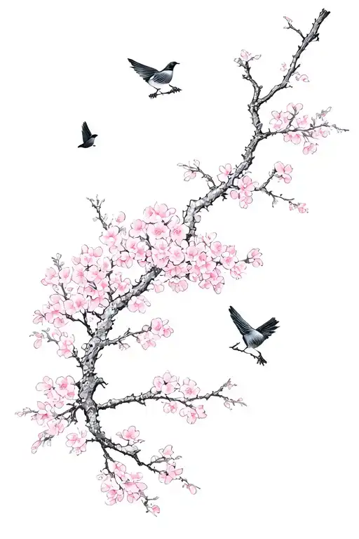 cherry blossom with little birds flying tattoo design idea