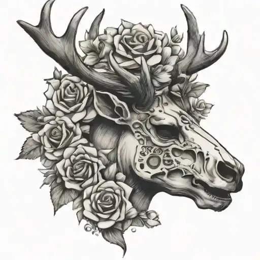 Stag skull with flowers coming off the left eye inside tattoo design idea