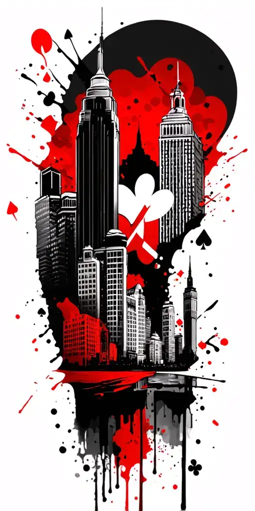 Philly skyline with gambling money drugs cards tattoo design idea