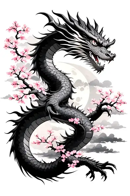 Eastern dragon with arms, pink cherry blossoms, grey Akatsuki clouds, Japanese full moon. Clean, detailed, not busy,  tattoo design idea