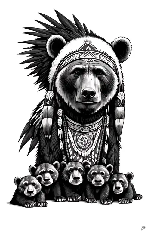 Native American medicine man head and momma bear with 4 cubs  tattoo design idea