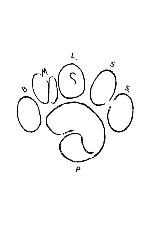 pawprint with letters C M L S B L P G, Shape of S tattoo design idea