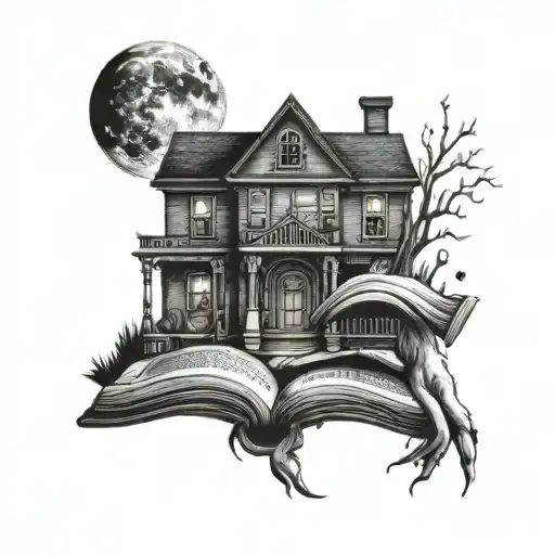 Books and Haunted House with cresent moon tattoo design idea