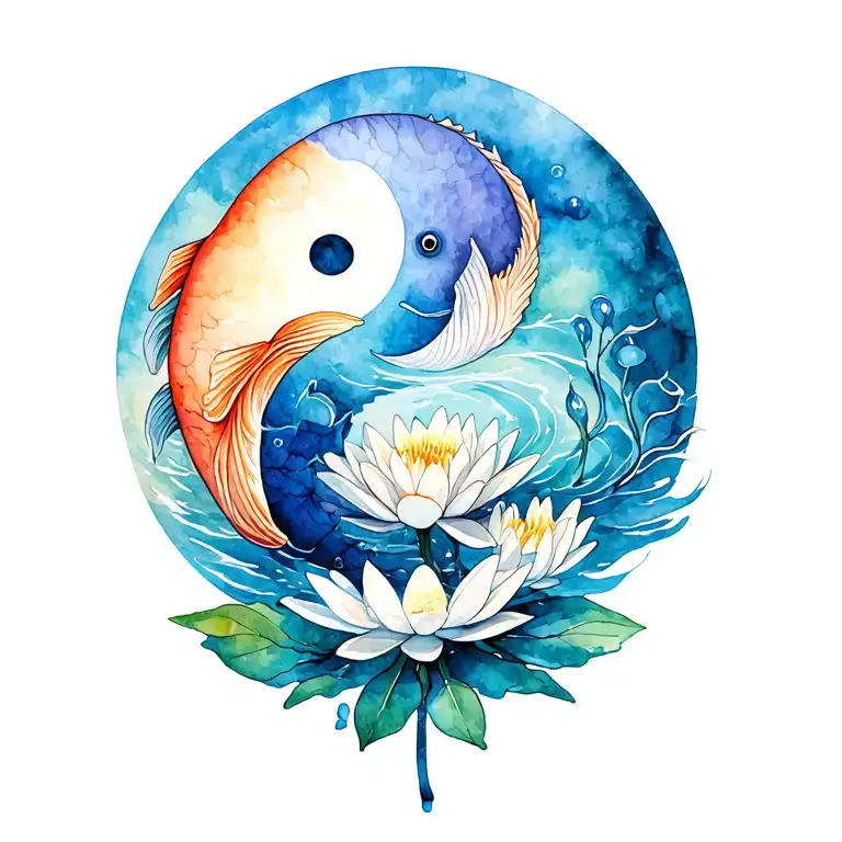 Pisces fish ying yang around a water lily flower tattoo design idea