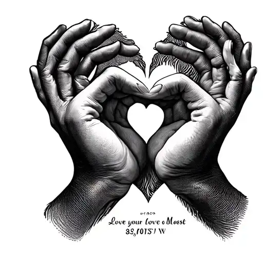 My husband and Daughters thumb prints in a heart shape with 32.4753° N, 97.0103° W under it and "Love your Love the Most tattoo design idea