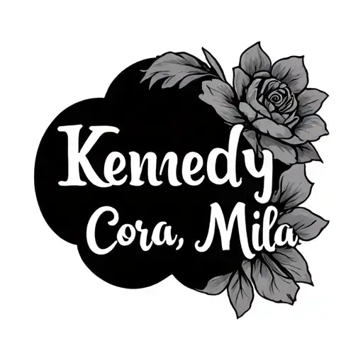 the names Kennedy, Cora, Mila in cursive vertical with family meaning masculine  tattoo design idea