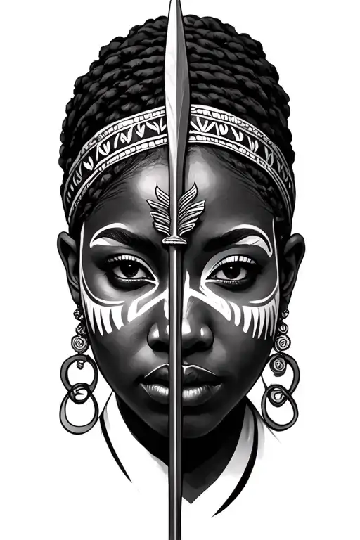 two beautiful African women faces war paint warriors. facing front. spear tattoo design idea