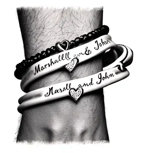 wrist bracelet tattoo with the names marshall and John use the symbolic suicide awareness ; with hearts tattoo design idea