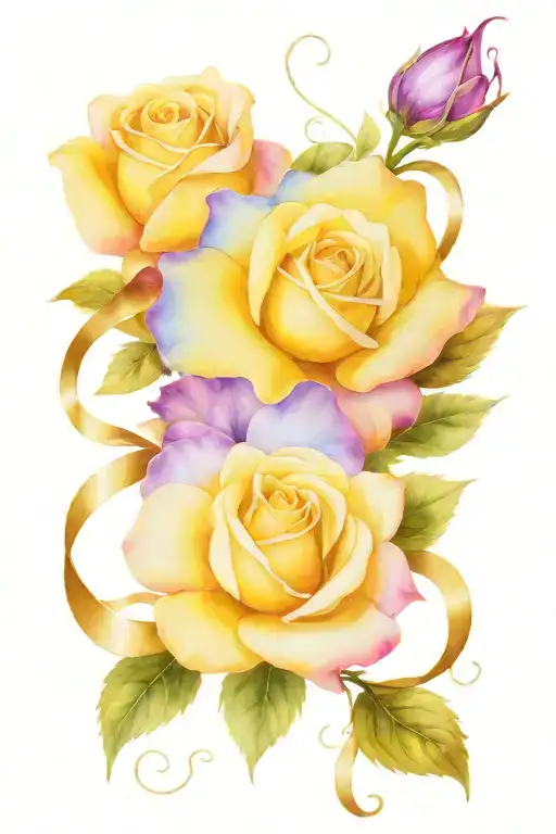 A yellow rose, purple hydrangeas, and a bluish purple orchid tied togther with a ribbon tattoo design idea