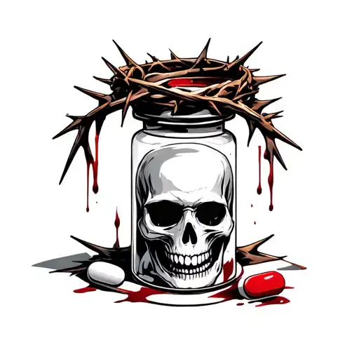 a pill bottle with a skull on it with a bloody crown of thorns wrapped around it tattoo design idea