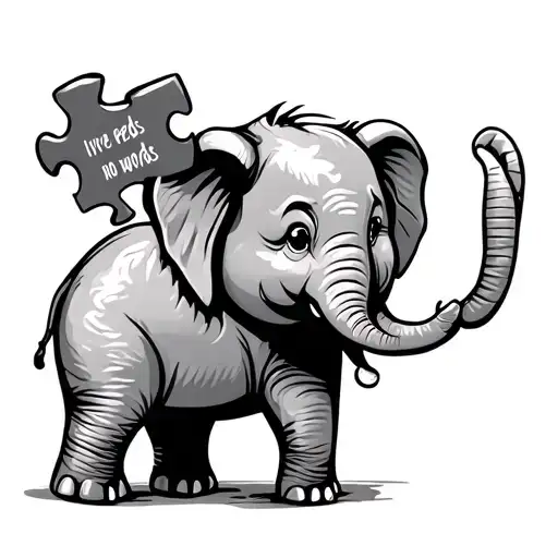 cute elephant holding a puzzle piece balloon with the words love needs no words  tattoo design idea