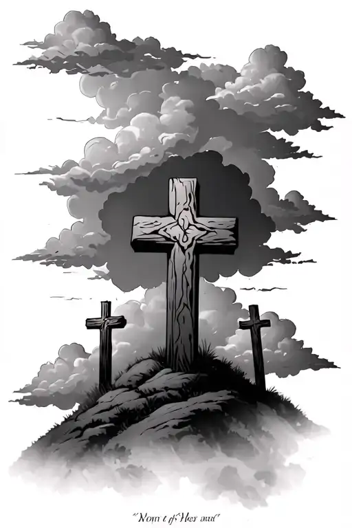 3 crosses on a hill, bible verse with clouds tattoo design idea