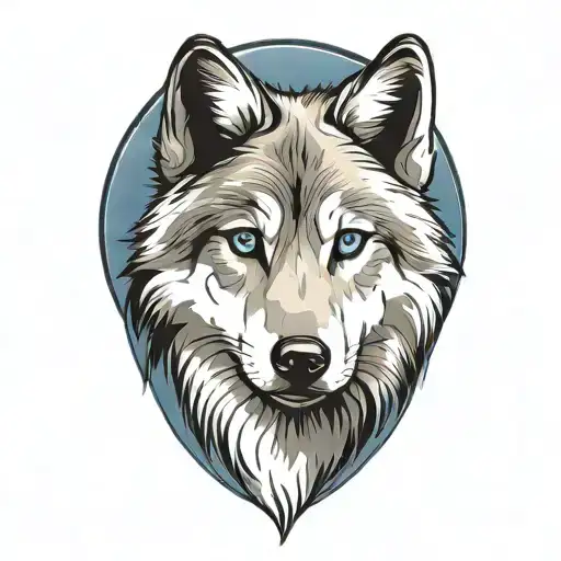 happy tongue gray wolf puppy with blue eyes surrounded tattoo design idea