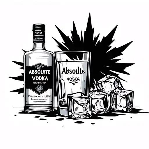 Absolute vodka bottle & Glass filled with vodka & three Ice. Simple, easy to draw with gothic vibes tattoo design idea