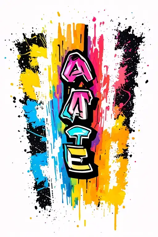 A black backdrop with Tate spelled vertically running down forearm in colorful graffiti  tattoo design idea