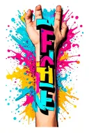 A black backdrop with Tate spelled vertically running down forearm in colorful graffiti  tattoo design idea